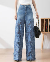 Vaqueros elegantes de cintura alta con encaje y patchwork para mujer