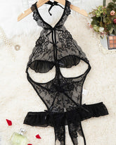 Body sexy de encaje floral transparente con espalda descubierta y diseño de entrepierna abierta para mujer