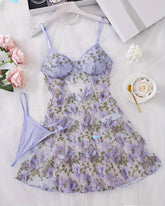 Conjunto de camisón y tanga sexy de malla con bordado de mariposa para mujer