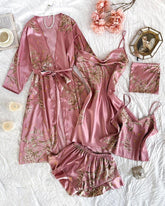 Conjunto de cinco piezas de ropa de casa para mujer: top de tirantes estampado de satén, shorts, vestido de tirantes y camisón