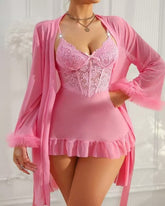 Conjunto de camisón sexy de encaje y malla transparente