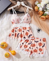 Conjunto de lencería sexy de encaje con estampado de Halloween, tirantes y shorts