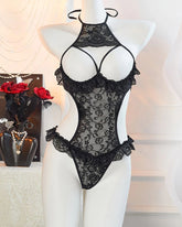Body sexy de encaje floral con cuello halter y escote transparente con abertura en el busto