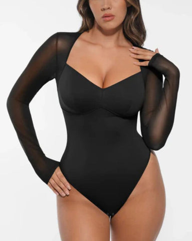 Body de tanga de manga larga de malla transparente con control de abdomen y cuello en V