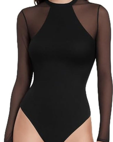 Body adelgazante de malla transparente de manga larga