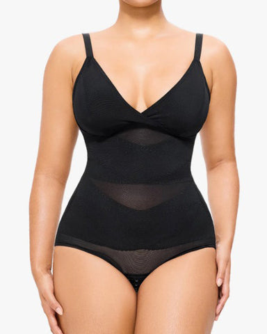 Body tipo tanga con control de abdomen y malla transparente con escote en V profundo