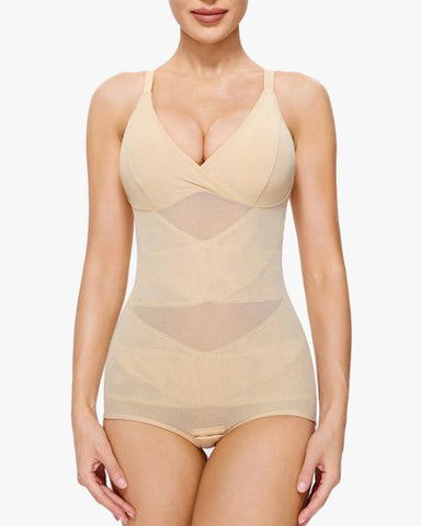 Body tipo tanga con control de abdomen y malla transparente con escote en V profundo