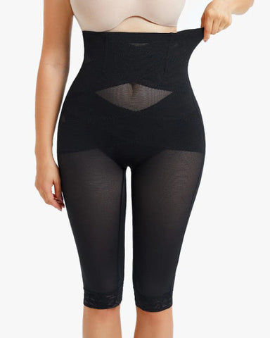 Pantalones moldeadores de cintura alta con ribete de encaje y malla transparente
