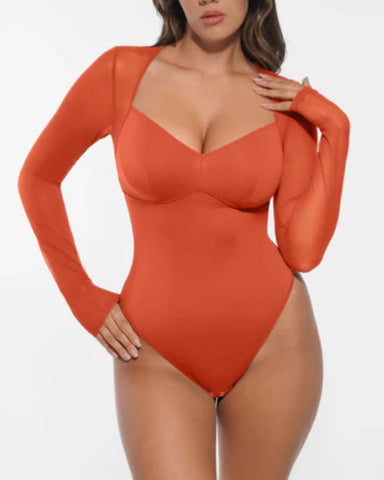 Body de tanga de manga larga de malla transparente con control de abdomen y cuello en V