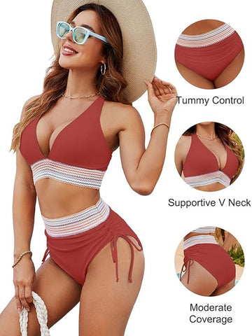 Conjuntos de bikini de cintura alta con control de abdomen y cordón ajustable