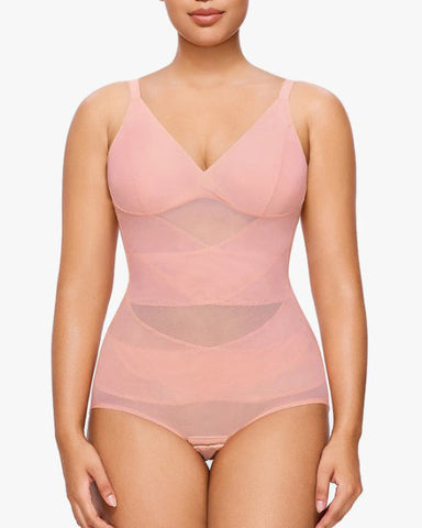 Body tipo tanga con control de abdomen y malla transparente con escote en V profundo