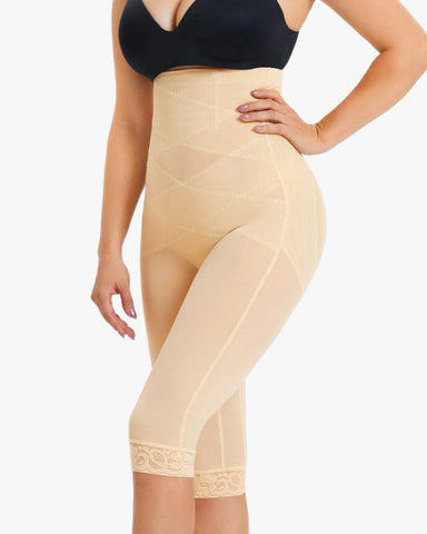 Pantalones moldeadores de cintura alta con ribete de encaje y malla transparente