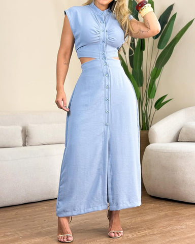 Vestido ajustado sexy con botones y sin mangas para mujer