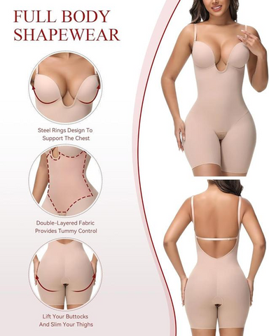 Body sin tirantes con escote en U profundo para mujer, control de abdomen y sujetador incorporado, moldeador de espalda baja (preventa)