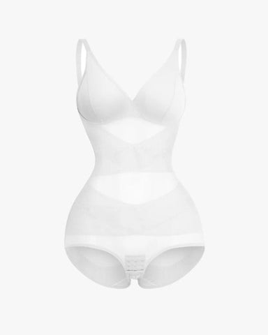 Body tipo tanga con control de abdomen y malla transparente con escote en V profundo