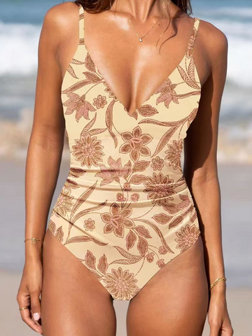 Traje de baño de una pieza con diseño de encaje hueco y estampado floral tropical de alta elasticidad