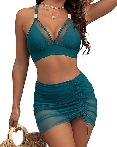 Conjuntos de bikini de cintura alta para mujer, trajes de baño con control de abdomen, falda de baño de malla con curvas