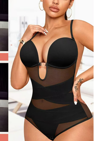 Faja moldeadora transparente con aberturas cruzadas para mujer, tirantes ajustables, mallas de contraste, alta elasticidad, ideal para uso diario.