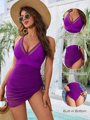 Vestido de baño de una pieza para mujer, tipo pareo transparente de malla con control de abdomen