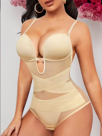 Faja moldeadora transparente con aberturas cruzadas para mujer, tirantes ajustables, mallas de contraste, alta elasticidad, ideal para uso diario.