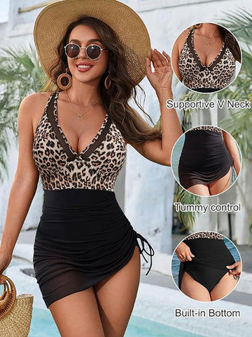 Vestido de baño de una pieza para mujer, tipo pareo transparente de malla con control de abdomen