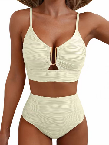 Conjunto de bikini de dos piezas con forma de U, aros, cintura alta hueca, traje de baño texturizado