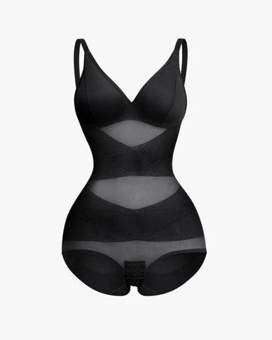 Body tipo tanga con control de abdomen y malla transparente con escote en V profundo