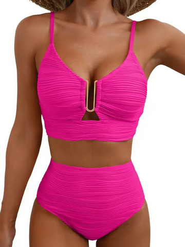 Conjunto de bikini de dos piezas con forma de U, aros, cintura alta hueca, traje de baño texturizado