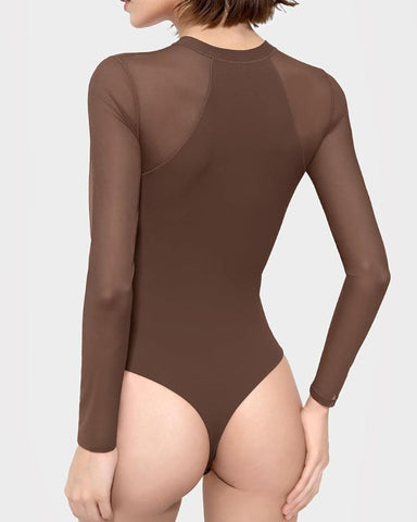 Body adelgazante de malla transparente de manga larga