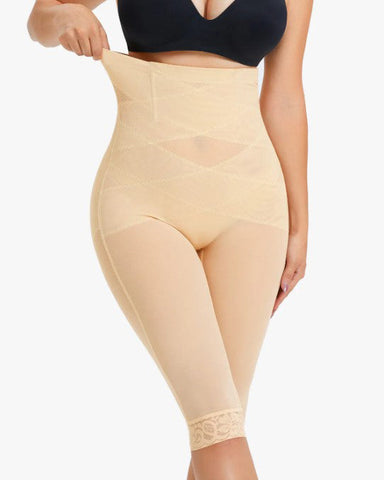 Pantalones moldeadores de cintura alta con ribete de encaje y malla transparente