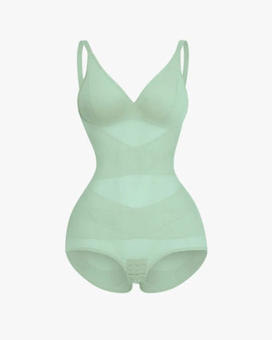 Body tipo tanga con control de abdomen y malla transparente con escote en V profundo