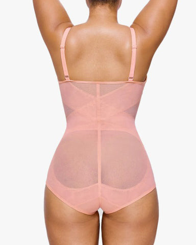 Body tipo tanga con control de abdomen y malla transparente con escote en V profundo