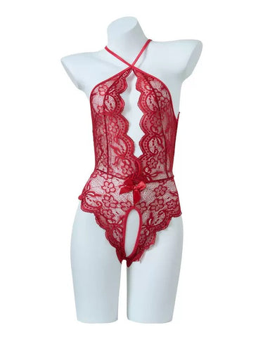 Pijama sexy de encaje con abertura en la entrepierna y espalda descubierta con perlas