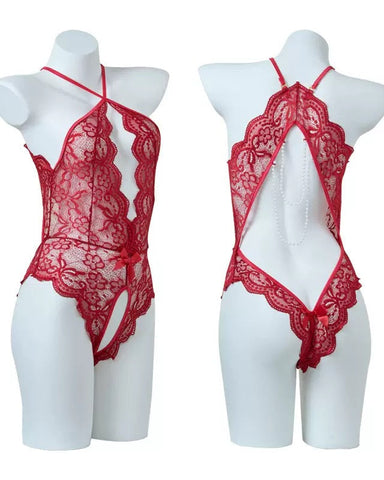 Pijama sexy de encaje con abertura en la entrepierna y espalda descubierta con perlas