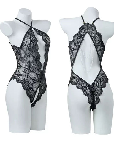 Pijama sexy de encaje con abertura en la entrepierna y espalda descubierta con perlas
