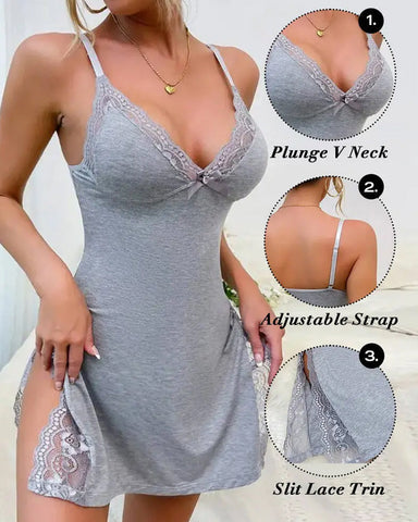Camisón sexy de tirantes de modal con aberturas laterales y encaje para mujer