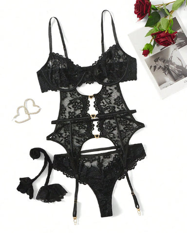 Conjunto de body de malla con encaje floral, liguero y medias de rejilla para mujer
