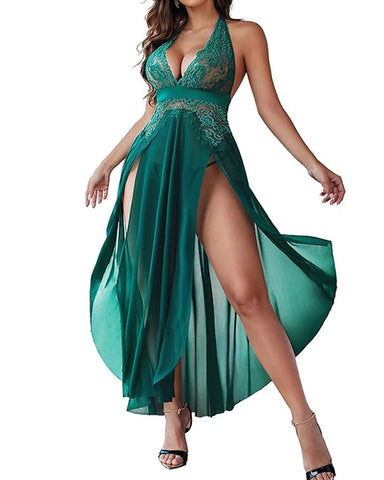 Camisón largo sexy con escote en V profundo y abertura frontal de encaje y malla para mujer