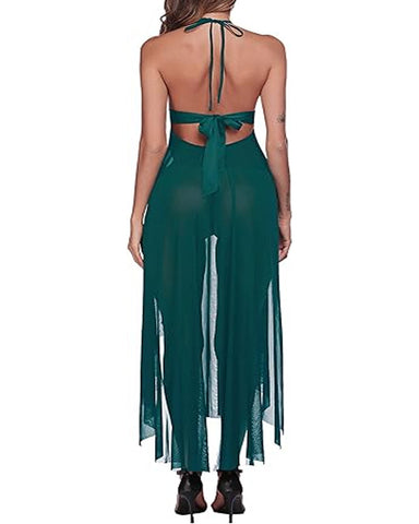 Camisón largo sexy con escote en V profundo y abertura frontal de encaje y malla para mujer