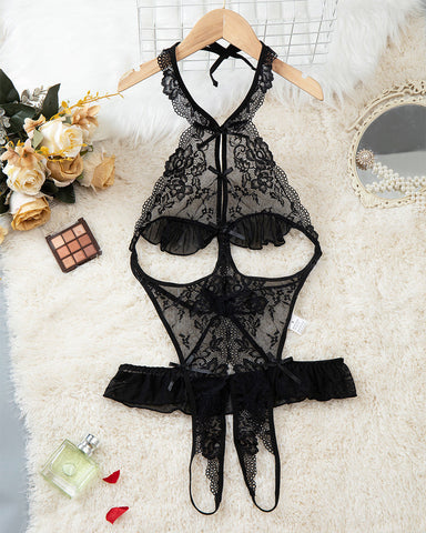 Body sexy de encaje floral transparente con espalda descubierta y diseño de entrepierna abierta para mujer