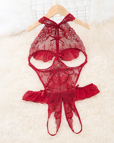 Body sexy de encaje floral transparente con espalda descubierta y diseño de entrepierna abierta para mujer