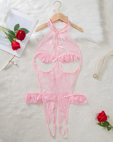 Body sexy de encaje floral transparente con espalda descubierta y diseño de entrepierna abierta para mujer