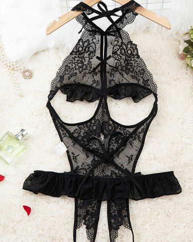 Body sexy de encaje floral transparente con espalda descubierta y diseño de entrepierna abierta para mujer