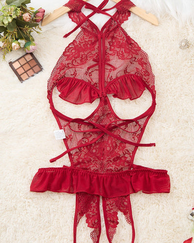 Body sexy de encaje floral transparente con espalda descubierta y diseño de entrepierna abierta para mujer