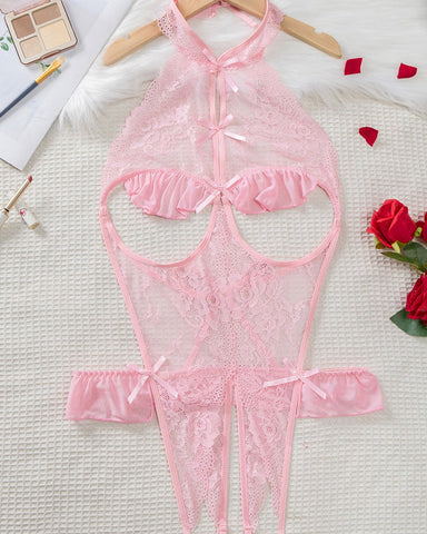 Body sexy de encaje floral transparente con espalda descubierta y diseño de entrepierna abierta para mujer