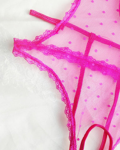 Pijama de una pieza sexy de encaje floral con lazo, entrepierna abierta y malla de lunares