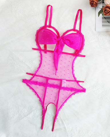 Pijama de una pieza sexy de encaje floral con lazo, entrepierna abierta y malla de lunares