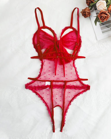 Pijama de una pieza sexy de encaje floral con lazo, entrepierna abierta y malla de lunares
