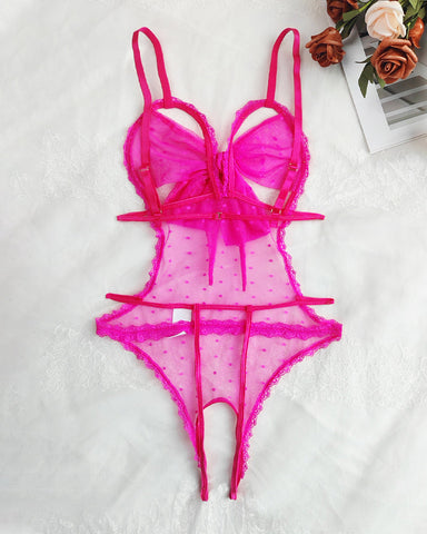 Pijama de una pieza sexy de encaje floral con lazo, entrepierna abierta y malla de lunares