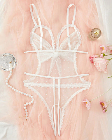 Pijama de una pieza sexy de encaje floral con lazo, entrepierna abierta y malla de lunares